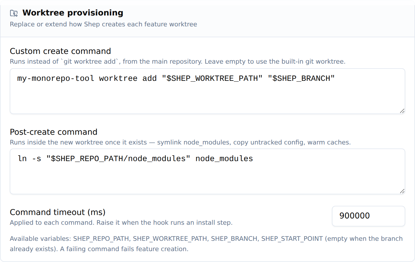 Settings → Worktree provisioning
